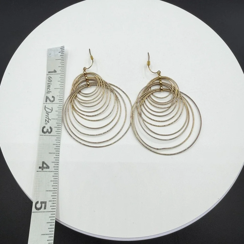 Gold Tone Concentric Multi Hoop Chandelier Earrings Oversized Dangle Statement
